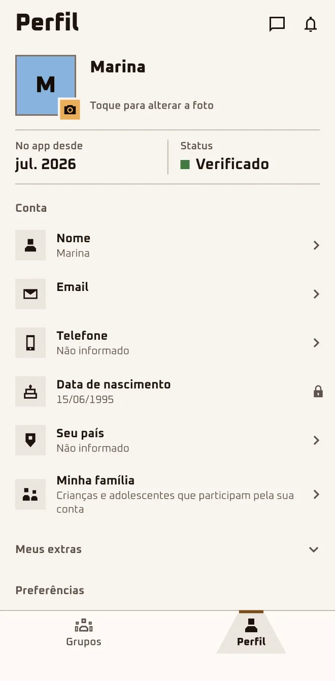 Profile screen with name, Verified badge and the account options